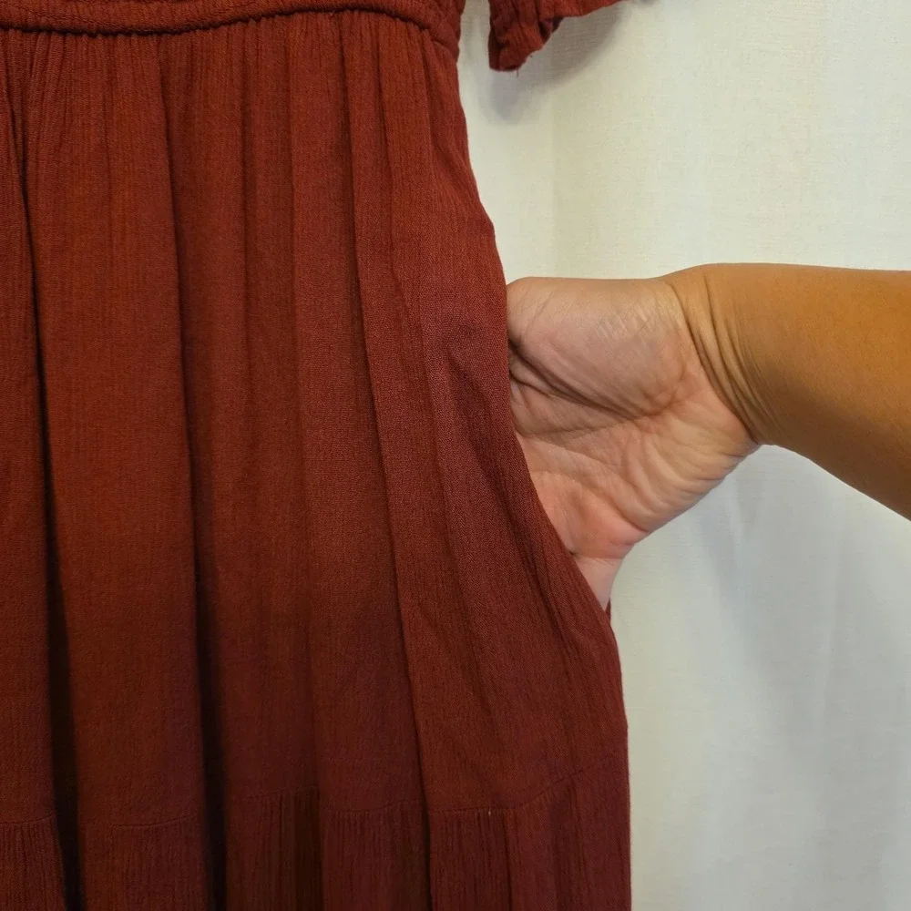Abercrombie & Fitch Dress Womens XS Red Smocked Puff Sleeve Maxi Boho Sundress